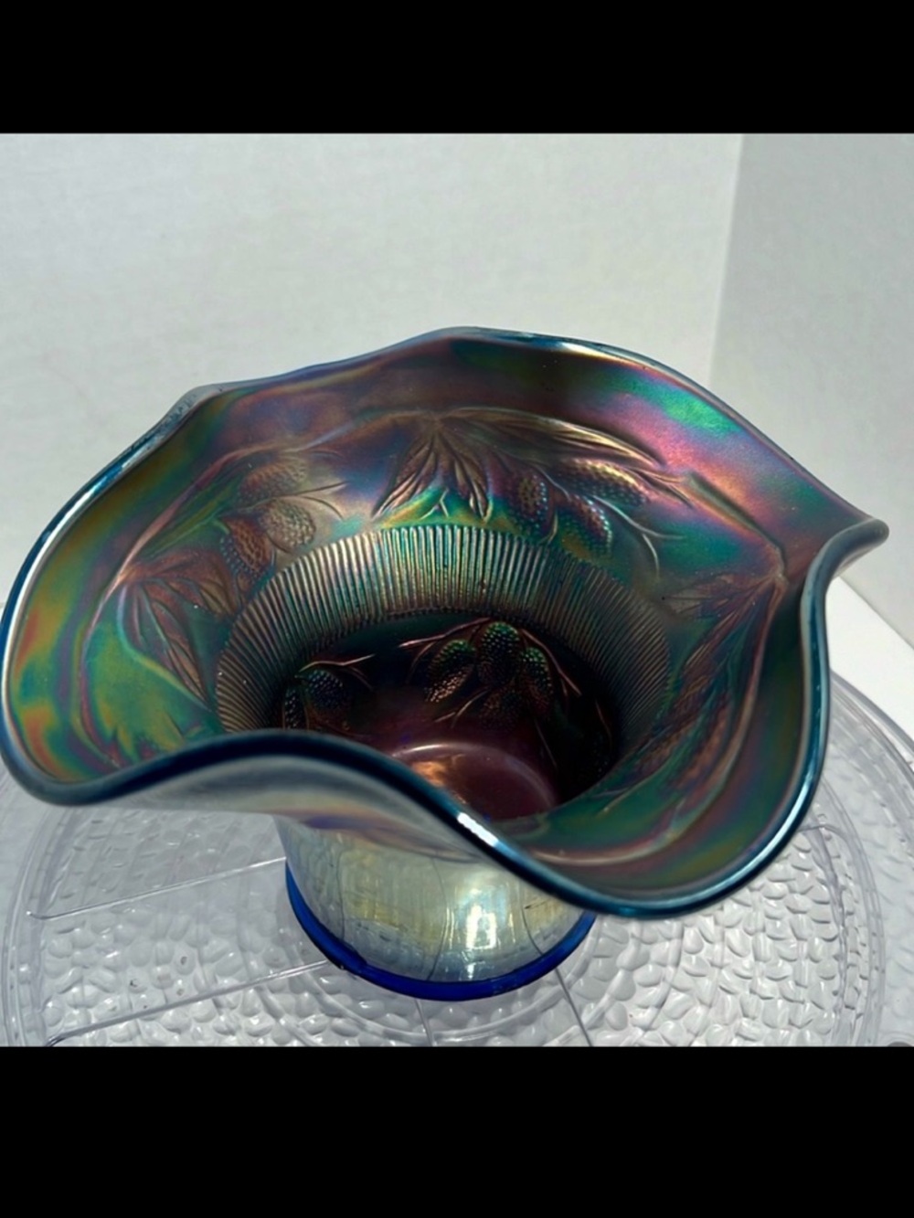 Antique Fenton Carnival Glass Blackberry Spray Hat Bowl Iridescent Ruffled Edge